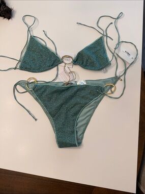 Oseree Shimmer Teal Ring-Accent Triangle Bikini Set